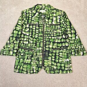 Erin London Women's Jacket M Green Black Retro Abstract Print Zip Front Artistic